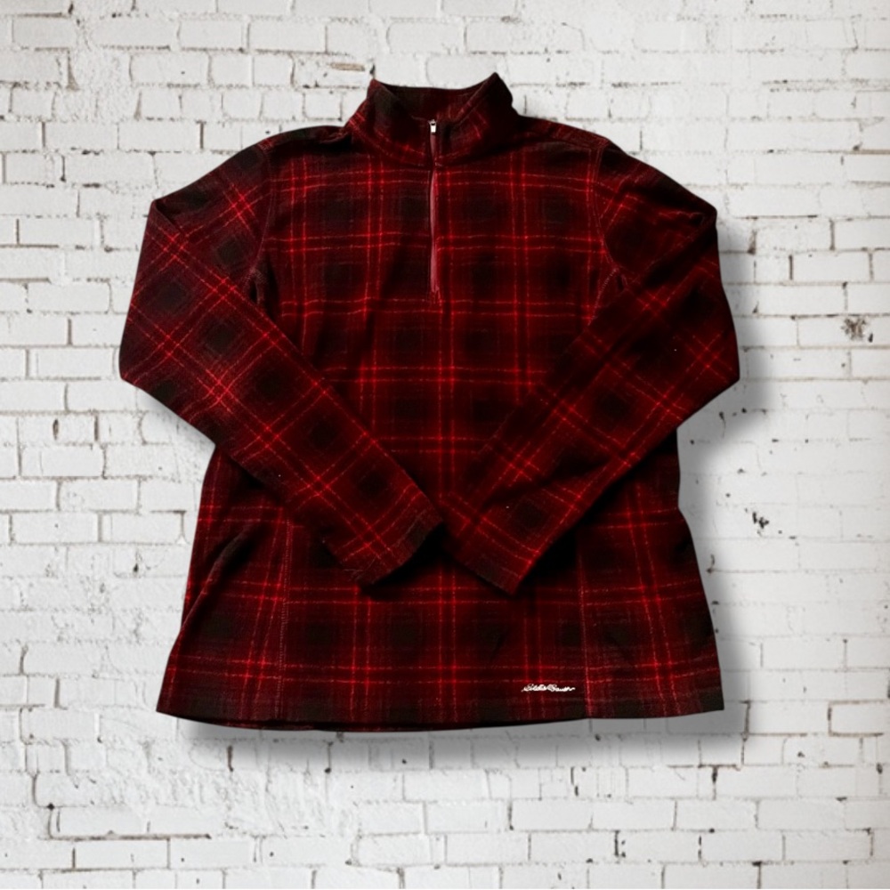 Eddie Bauer Christmas Plaid Red/Black Women's Fleece 1/4 Zip Pullover